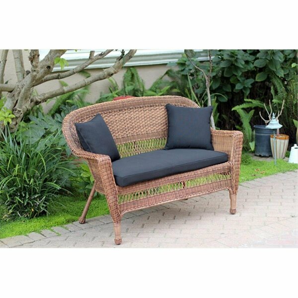 Jeco Honey Wicker Patio Love Seat With Black Cushion And Pillows W00205-L-FS017-CL